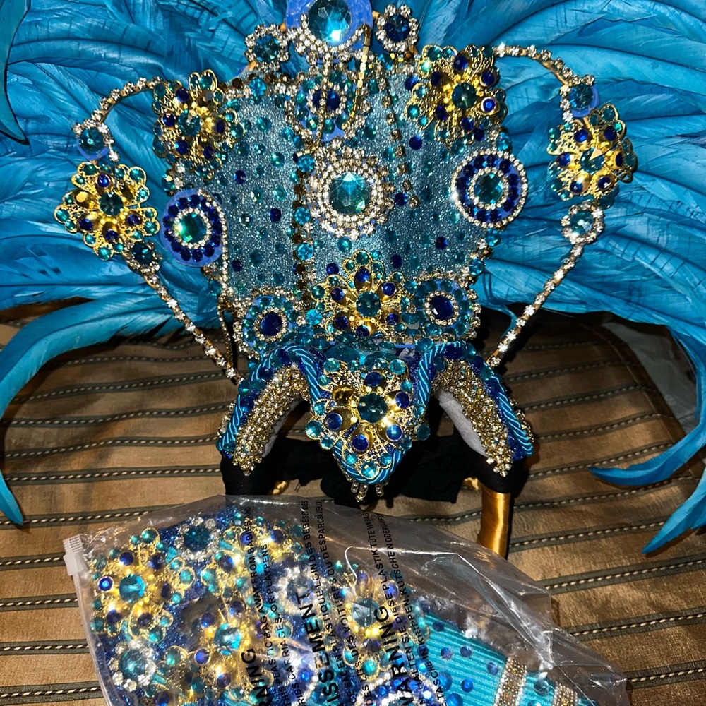 |SOLD| Blue and Gold Feathered Samba Costume Headpiece